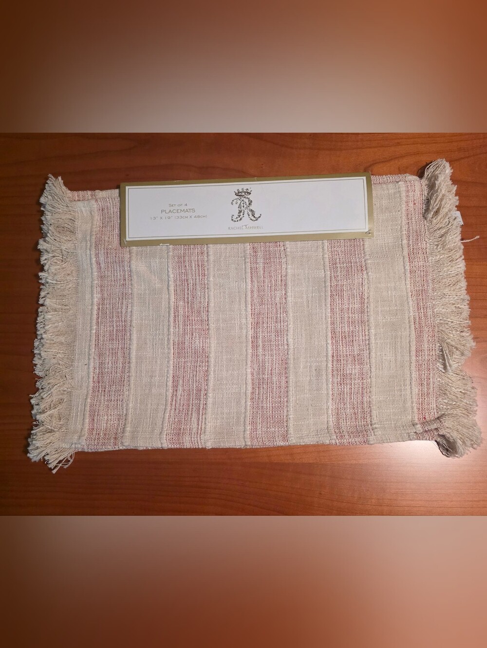 Rachel Ashwell Set Of 4 Placemats NWT Red & Beige with Fringe Edges